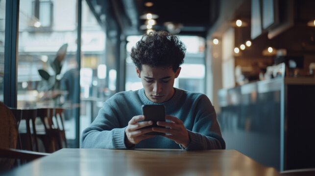 Worried user checking their phone while sitting in a coffee shop. Featuring anxiety and distraction