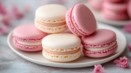Delicate Pink and White Macarons Stacked on White Plate with Floral Accents