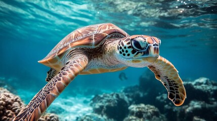 Sea Turtle Swimming Underwater in Vibrant Coral Reef