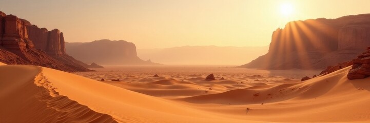 Rolling sand, hazy sunlit Wadi Rum, majestic rock formations partially obscured, stock, sandstorm, natural