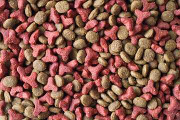 Texture of combined dry pet food. Dry food for cats.