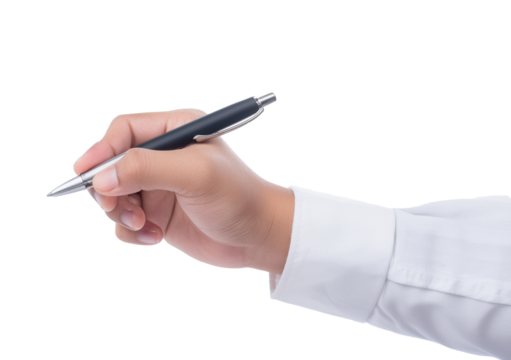 hand with pen writing Isolated on transparent or white Background