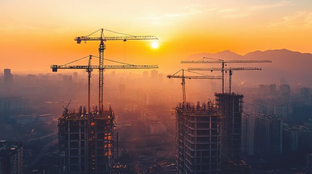 Construction cranes shape the urban skyline. Massive machinery silhouettes against the sunset. Cityscape development highlights architectural progress. Buildings rise within this scenic landscape.