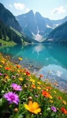 Wildflowers blooming around the shores of a lake, nature scenes, alpine flowers