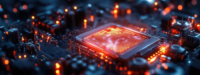 Fototapeta premium Futuristic AI Chip High Tech Electronics Manufacturing Close up