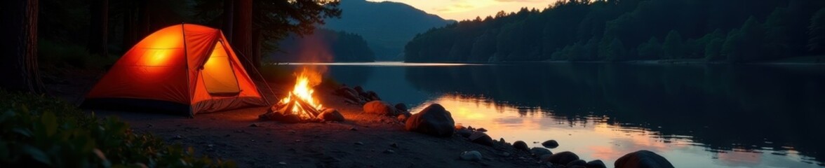 Campsite firelight illuminates comfy seating by river, dusk, embers, relaxing, wilderness