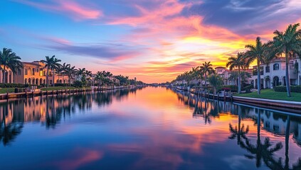 Fototapeta premium Serene Sunset over Luxurious Waterfront Estates
