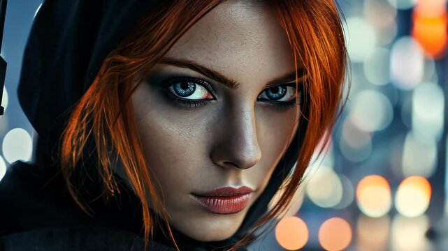 Closeup of a female assassin in a futuristic city, focusing on her intense gaze and striking features, Female assassin in futuristic city close-up