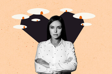 Contemporary art collage of serious pretty girl crossed hands eyeball stare control spyware...
