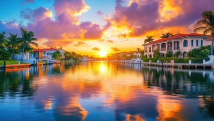 Obraz premium Sunset over Luxurious Waterfront Homes