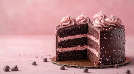 Layered Chocolate Cake with Pink Frosting and Sprinkles on a Pink Background