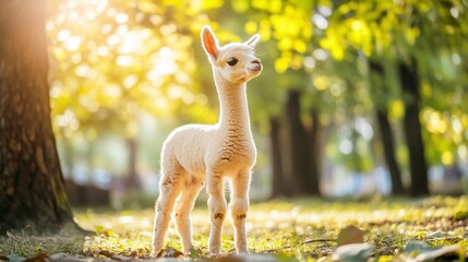 Obraz premium Cute baby alpaca standing, sunny grove, farm background