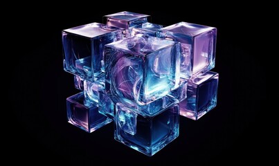 Abstract glowing cubes, blue purple glass crystal cluster.