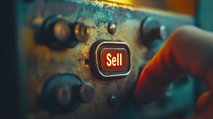 A close-up of a hand pressing a bold "Sell" button on a weathered vintage typewriter, the button glowing faintly, surrounded by other worn keys,