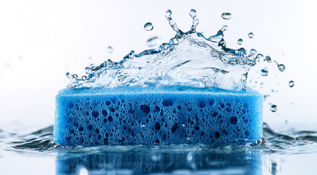 Blue sponge with water splash isolated on a white background,