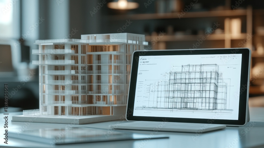 Aufkleber architectural model and digital blueprint displayed on tablet.