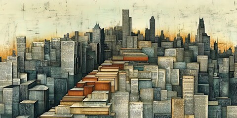 Book cityscape merges surreal urban skyline. Conceptual metropolis blends literature and architecture. Imagination fuels architectural fantasy, creating a cultural skyline silhouette.