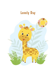 Cute spotted giraffe standing. Vector flat style illustration for birthday invitation, cards and stickers.