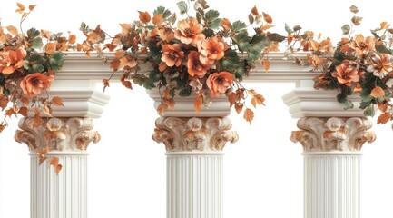 Naklejka premium White background with three columns decorated with flowers and leaves, front view, in brown