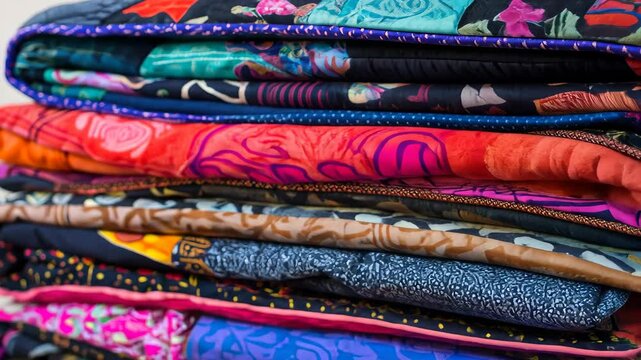 Colorful folded quilt collection showcasing intricate patterns and textures displayed at a craft fair, Colorful folded quilt with intricate patterns displayed on surface