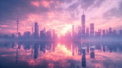 Pink And Purple Sunset Over A Modern City Skyline Reflection On Water