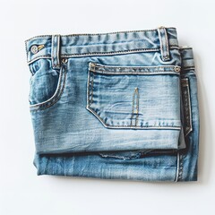 "Folded Blue Jeans with Worn and Faded Appearance &ndash; Neatly Folded Denim with Waistband and Front Pockets Visible"