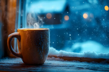 A Warm Winter Beverage by the Window, Enjoying the Holiday Season and Snowy Weather for Christmas Celebrations