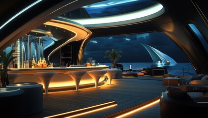 Futuristic Yacht Bar at Night: Luxury Ocean View