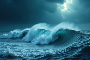 Dark, churning ocean waves crashing violently under stormy skies, sea, sky, turbulent