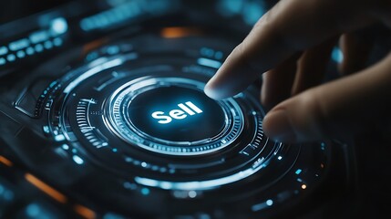 A futuristic metallic "Sell" button softly glowing in white light, a finger pressing it, subtle reflections of neon lights and high-tech elements on its surface,