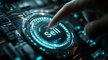 A futuristic metallic "Sell" button softly glowing in white light, a finger pressing it, subtle reflections of neon lights and high-tech elements on its surface,