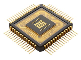 Close Up of a Black and Gold Microchip with Intricate Circuitry