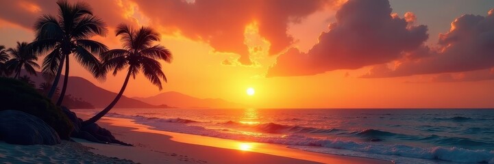Fototapeta premium Golden sunset paints sky, palm trees silhouette beach, beautiful, yellow, sand dune