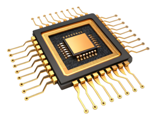Close Up of a Black and Gold Microchip with Intricate Circuitry