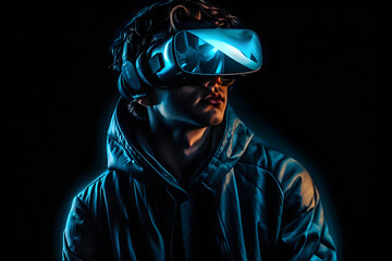 Person mit VR-Headset in futuristischer Neonbeleuchtung