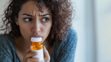Fototapeta premium Worried user holding a prescription bottle, looking concerned. Featuring health anxiety and worry
