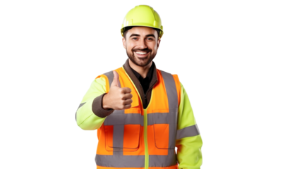 A construction man smiling show thumbs up on transparent background PNG.