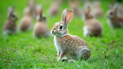 Fototapeta premium Brown Spotted Rabbit in Green Grass Field