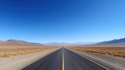Fototapeta premium Asphalt road vanishing into a vast, arid desert landscape under a clear blue sky.