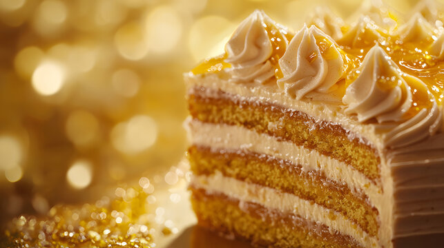 Close-Up Promotional Shot of Delicious Dobos Torte with Cream and Golden Garnish