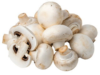 Cluster of whole and sliced white button mushrooms with visible gills and slight soil traces