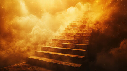 A staircase ascending into the heavens, disappearing into an ethereal golden mist