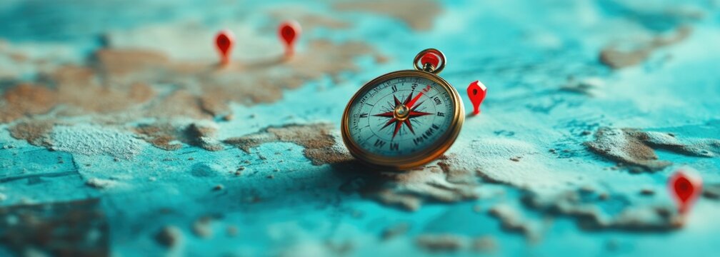 Vintage compass on textured world map with destinations - Powered by Adobe