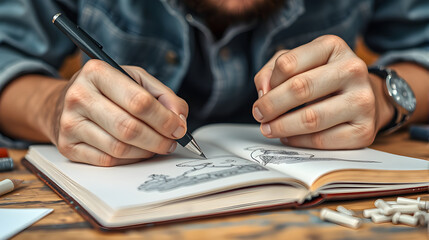Close-Up of an Artist Sketching in a Notebook