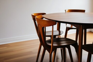 Mid-century modern dining table and chairs in a room. Possible use Interior design, furniture