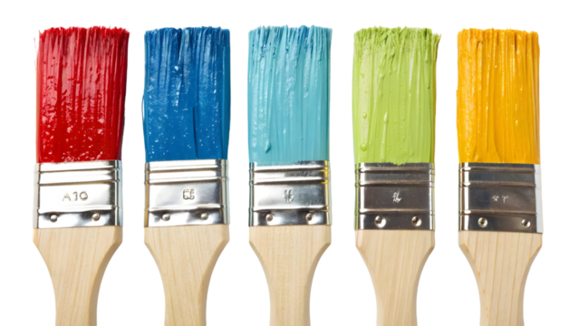 wooden handled paintbrushes with metal ferrules are arranged in a line.