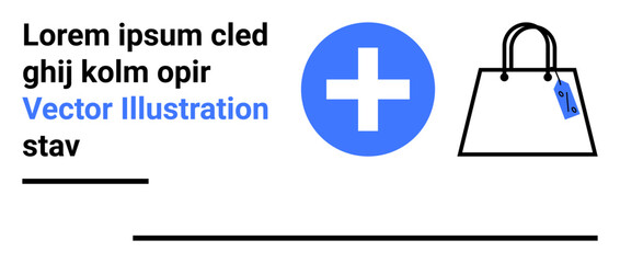 Blue medical cross and shopping bag with a price tag represent healthcare and retail themes. Ideal for e-commerce, marketing, healthcare, pharmaceuticals, branding, sales, technology, flat landing