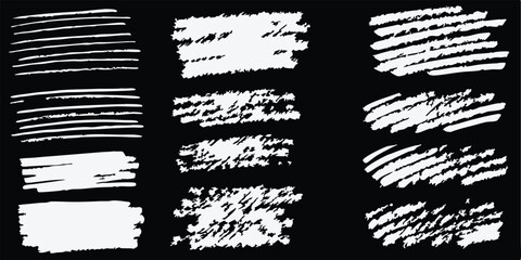 vector collection features a chalk doodle set, pencil scribble texture collection, vector punk charcoal brushstrokes, grungy hand-drawn crayon textures, lines, highlights, and underlines, all on a bla