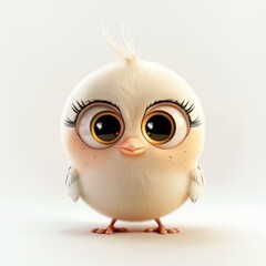 Obraz premium Cute cartoon bird with large eyes and fluffy feathers on white background