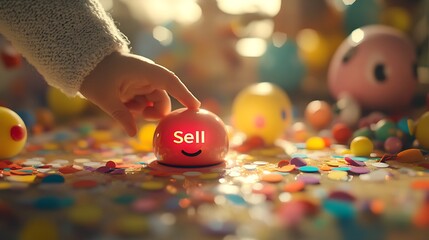 A tiny hand pressing a soft, glowing "Sell" button on a toy shaped like a smiling cartoon face, surrounded by colorful confetti and happy toy characters, a bright sunny room in the background,
